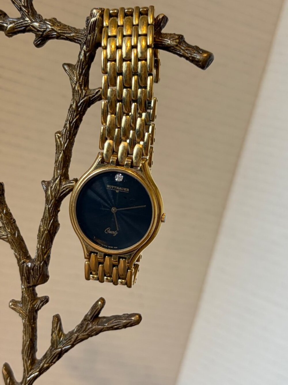 Wittnauer Gold-Tone Womens Quartz Watch With Black Dial & Diamond Accent